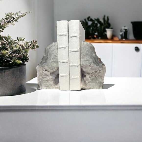 Agate Bookends, Druzy Purple Geode Center, Violet, White Layers, Gray Tones (DC) - Picture 3 of 10